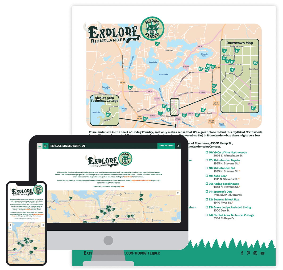 Hodag Finder webpage being displayed on a desktop, a mobile device and a printed map