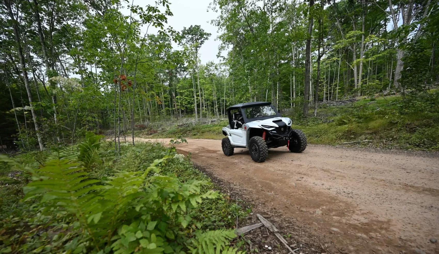 Side shot of a UTVer driving on the dirt trail