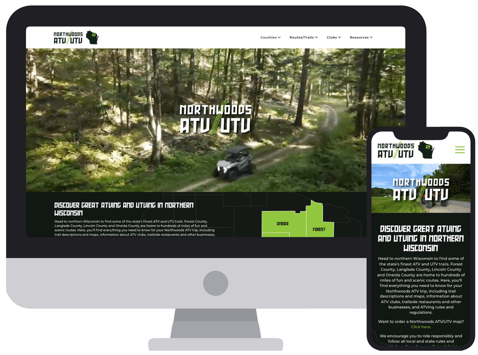 The Northwoods ATV/UTV website being displayed on a desktop and mobile device