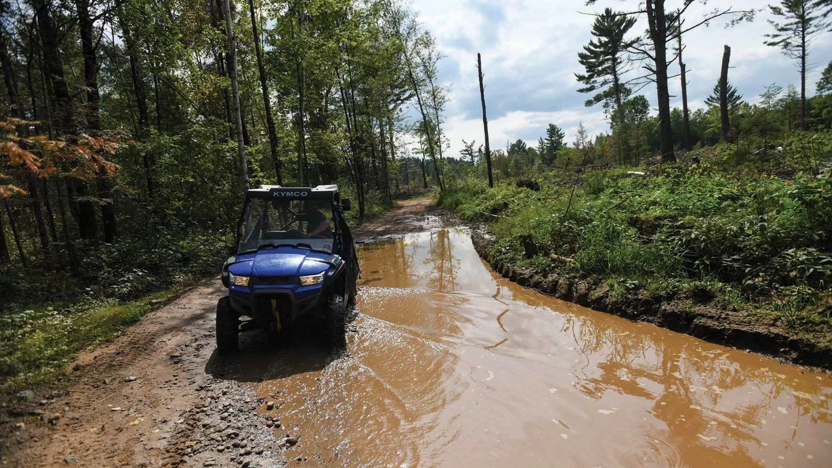 UTVer driving through water on a dirt trail